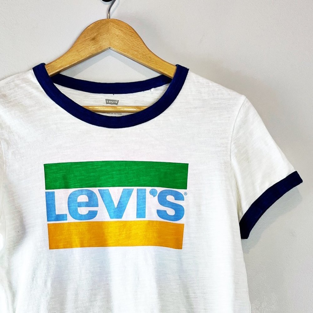 2/$14 Levi's Logo White Blue Tee Medium - Picture 3 of 3